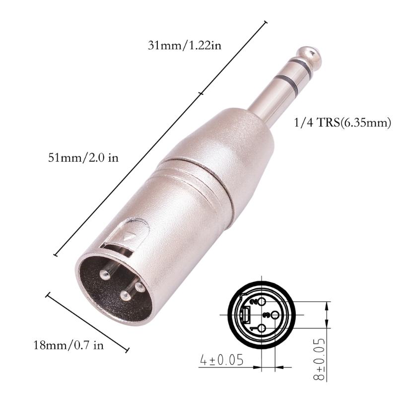 1/4" 6.35mm Male to XLR 3 Pin Male Jack Socket Audio Adapter Silver Interface Transfer Connector for Electronic Organ