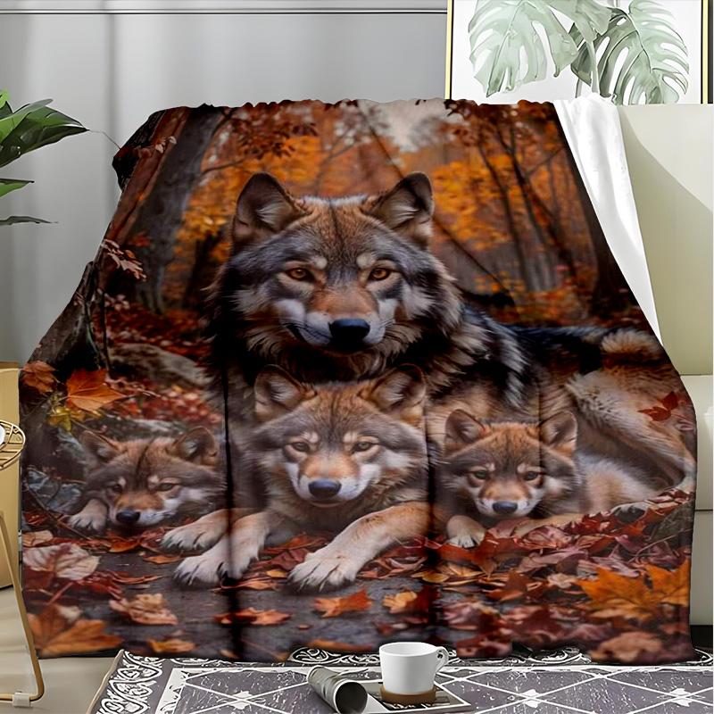 Autumn Wolf Family Fleece Blanket, Wild Animal Throw