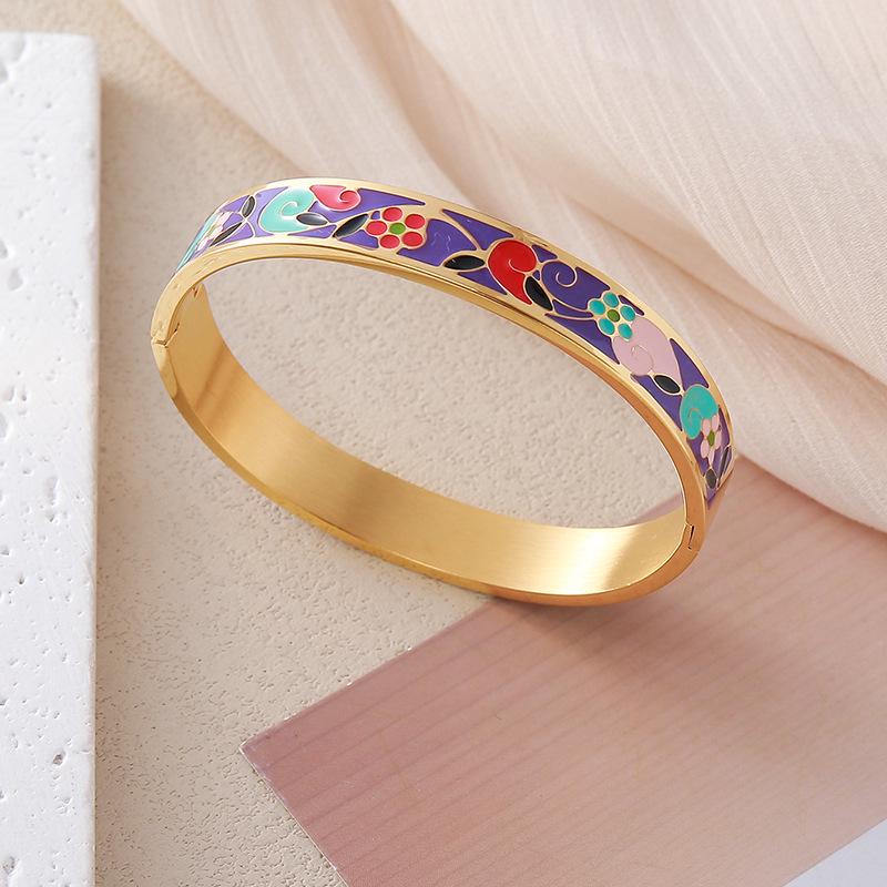 European and American Bestseller: 18K Gold Plated Titanium Steel Enamel Bracelet - Women’s Colorful Drip Oil Light Luxury Jewelry.