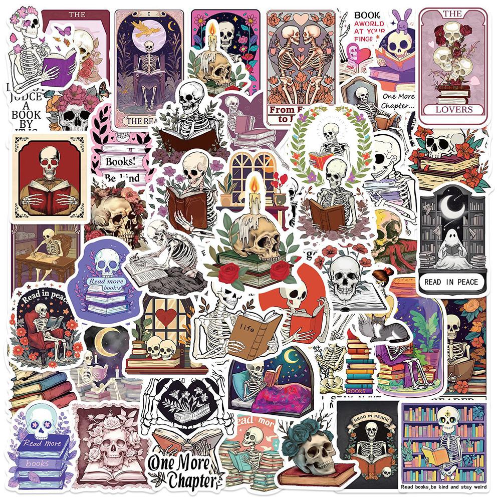 10/30/50pcs Skeleton Skull Reading Book Cartoon Stickers Creative Graffiti Decals DIY Laptop Journal Notebook Funny Sticker Pack