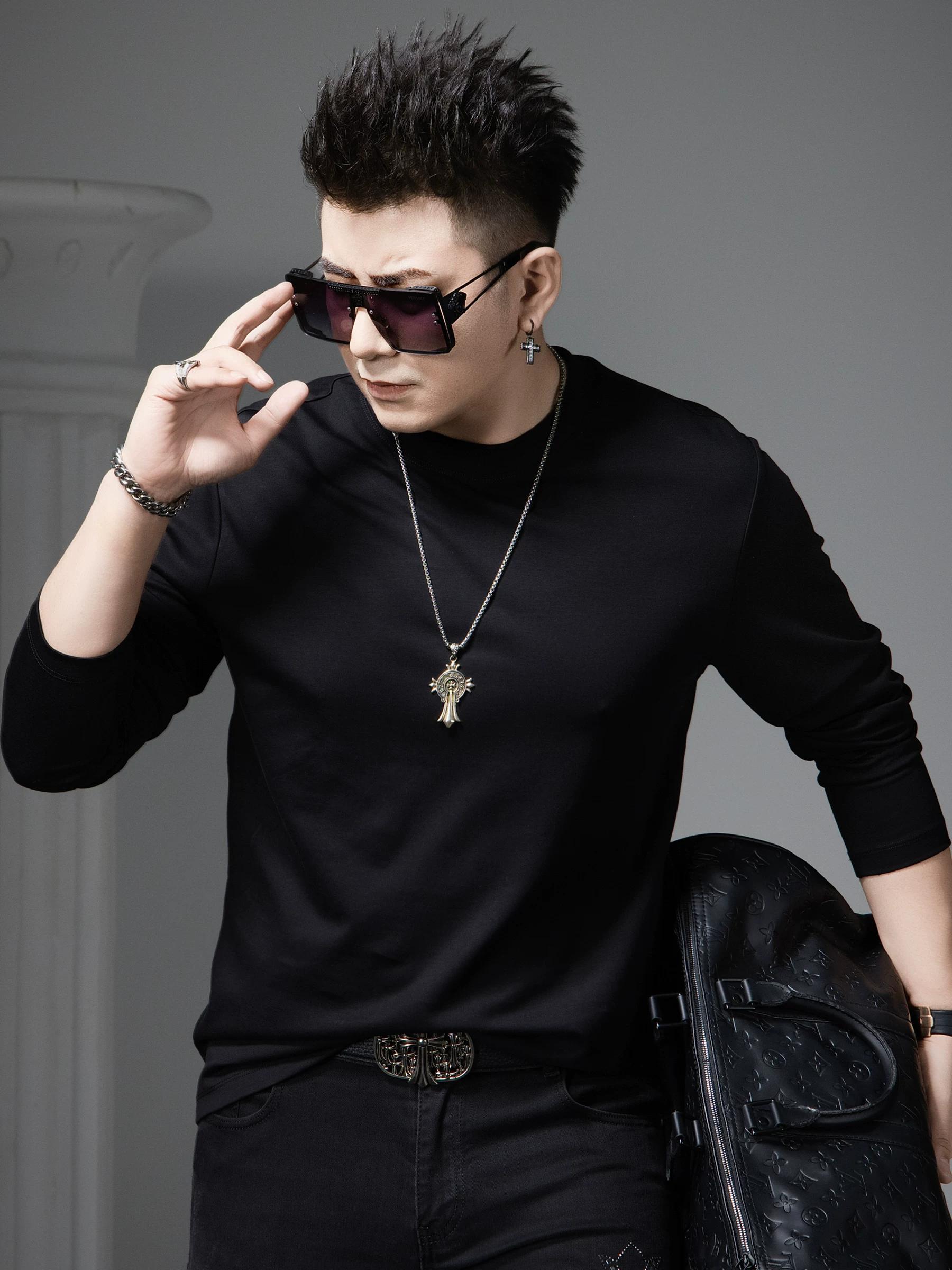 

European Long-Sleeved T-Shirt Men s Round Neck Top 2025 Autumn New Trendy Versatile Solid Color Casual Base Shirt XL чёрный