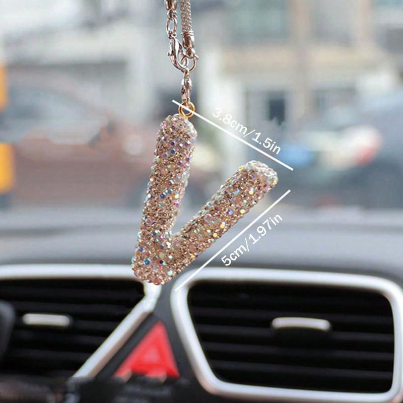 1pc Rhinestone A-Z Letter Car Rearview Mirror Pendant, Car Interior Decor