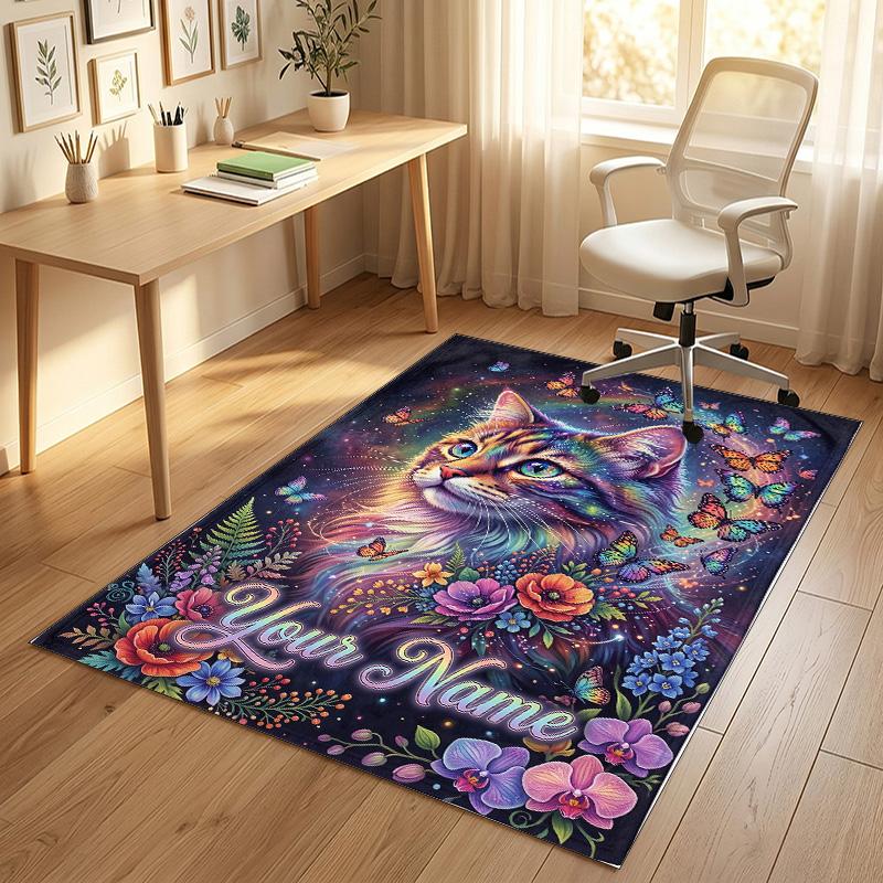 Cat Theme Crystal Velvet Rug Personalized Custom Name Text Soft Floor Mat Home Decor