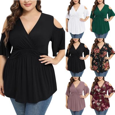 Damen-Oberteil in Übergröße, ausgehöhlt, kurzärmlig, Wickelkleid, elegantes Hemd, kalte Schulter, niedrige Bluse