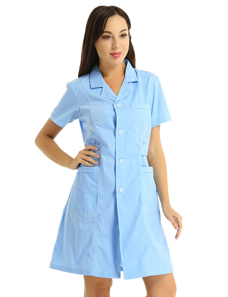 S-XXL Women Adults Lapel Collar Short Sleeve Nurse Scrub Dress - Button Front Solid Color Hospital Lab Coat Uniform
