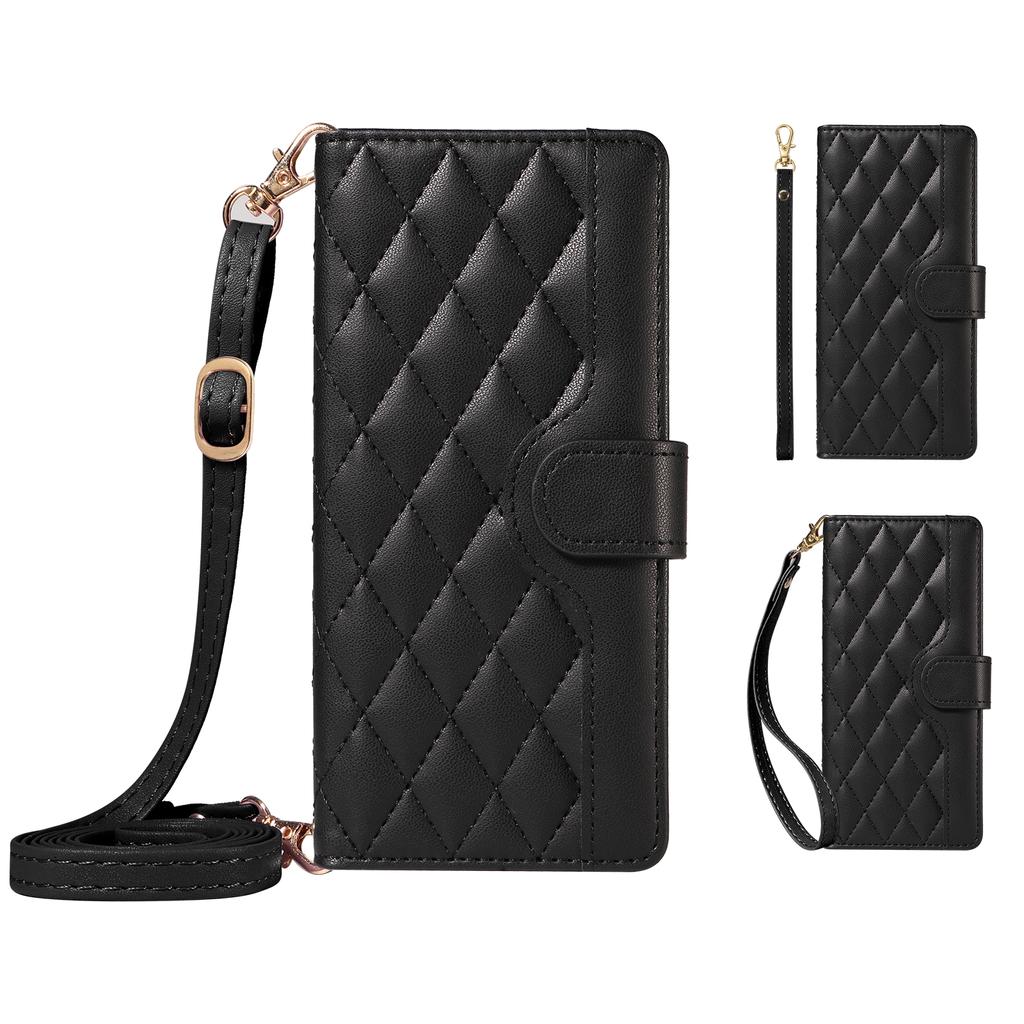 For Xiaomi 15 Pro Wallet Case Rhombus Leather Phone Cover with Shoulder Strap, Wrist Strap