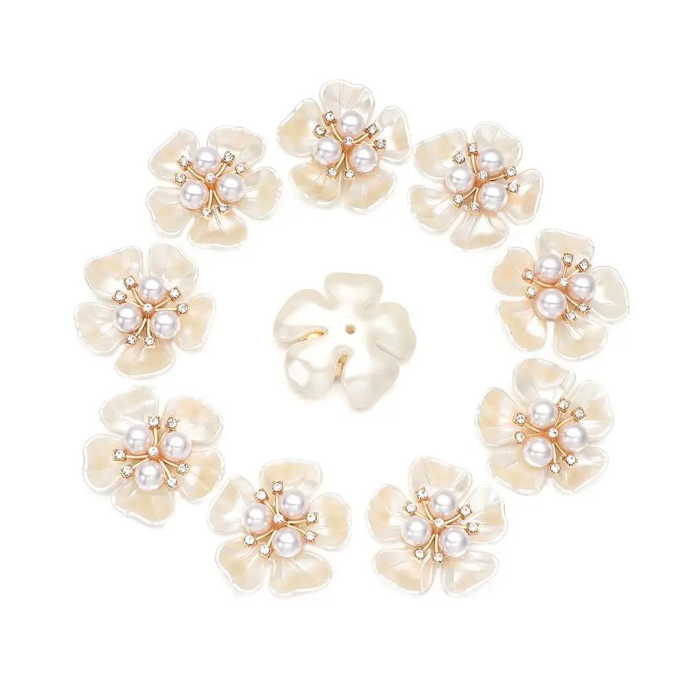 10PCS Pearl Flower Rhinestone Buttons Sparkling Crystal Hairpins Decorative Buttons for Clothes DIY Apparel Sewing Accessories