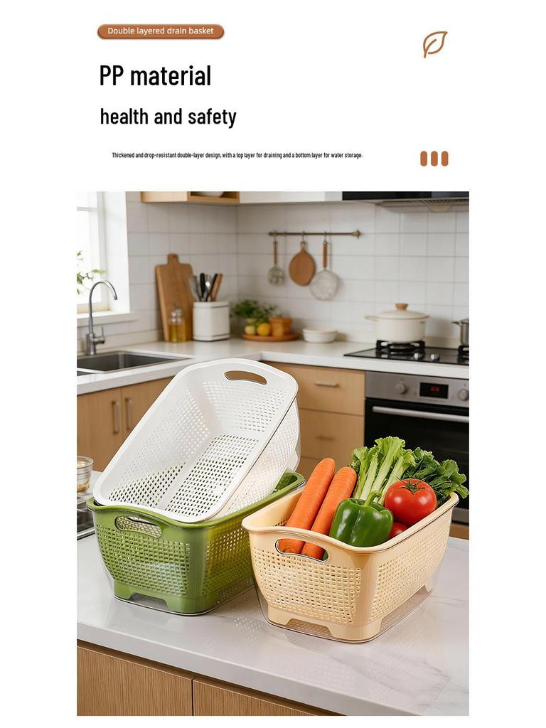 Dual-Layer Draining Basket for Vegetables, Fruits, and Rice - Large Capacity Storage Basin