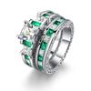 HERFANS New Luxury Fashion CopperColor 2 Pieces Ring Sets Square Green Cubic Zirconia Engagement Rings For Women R607