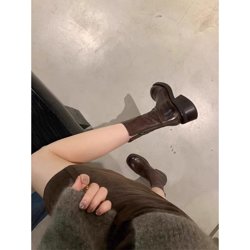 Washed horsehide~ thick-soled short boots women's autumn leather retro single ankle boots small Martin boots thick heel thin boots