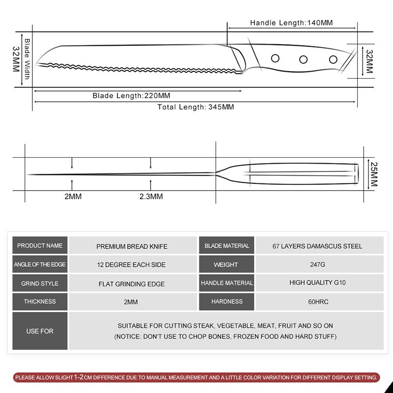 8.5 Inch Bread Knife Japanese Damascus Stainless Steel Serrated Knives Cake Slicing Kicthen Cutter Knife