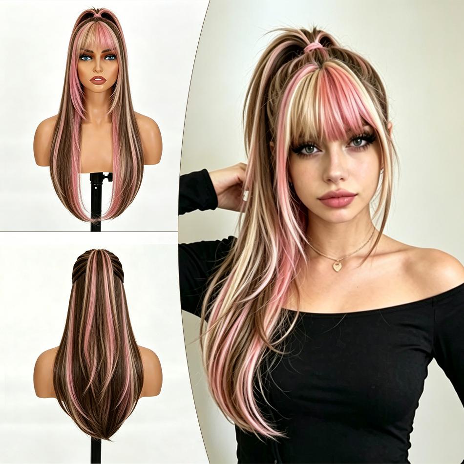 Pink Wig with Bangs Synthetic Long Water Wave Hair Wig for Black Women Realistic Matte Ombre Cosplay Party Pelucas De Mujer (Pink,24Inches) розовый