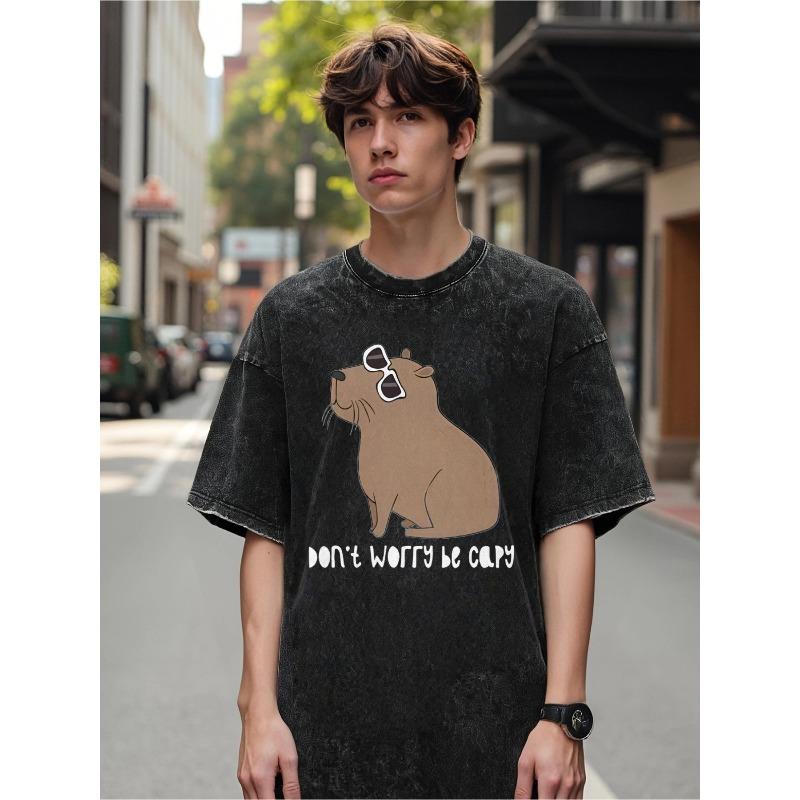 

European Size Men s Black Capybara Graphic T-Shirt - Vintage Washed Casual Tee with Capybara , Relaxed Fit Round Neck Short Sleeve 5XL чорний