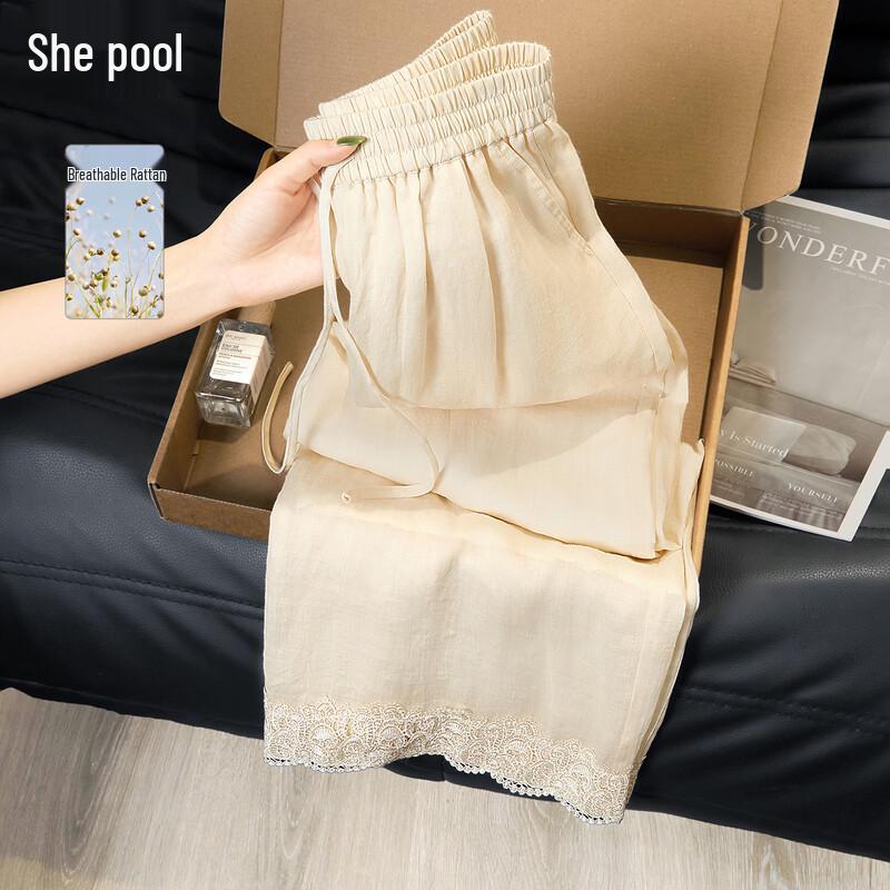 Women s Ramie Lace Trim High-Waisted Wide-Leg Pants S