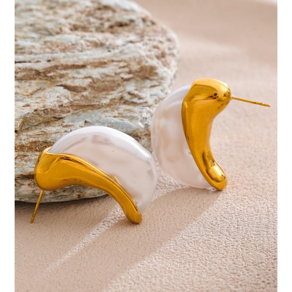 Eetit Women Simulated Pearls Moon Huggie Earrings for Women Stainless Steel Golden Statement Cast Unique Jewelry Prevent Allergy