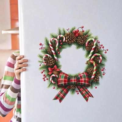Christmas Pinecone Candy Cane Wreath Sticker - Holiday Door & Window Decoration