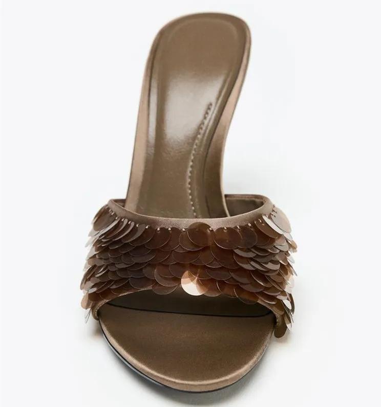 Bling Decorative Brand Designer Women's Slippers Sexy Peep Toe Slide Sandals Elegant Brown Thin High Heels Summer Party Shoes
