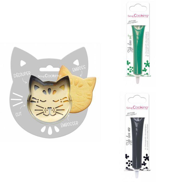 Cat Embossed Cookie Kit + 2 Green and Dark Chocolate Pens