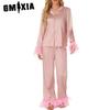 GMXIA Luxury Elegant Feather Loungewear Set Pajamas Long Sleeve Long Pants Two Piece Set