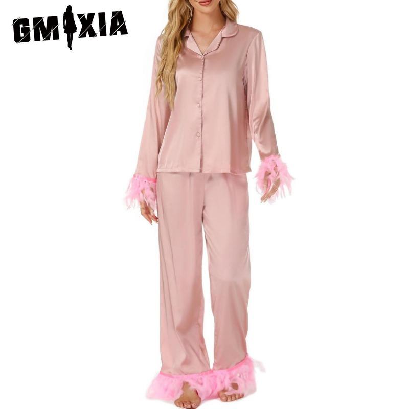 GMXIA Luxury Elegant Feather Loungewear Set Pajamas Long Sleeve Long Pants Two Piece Set