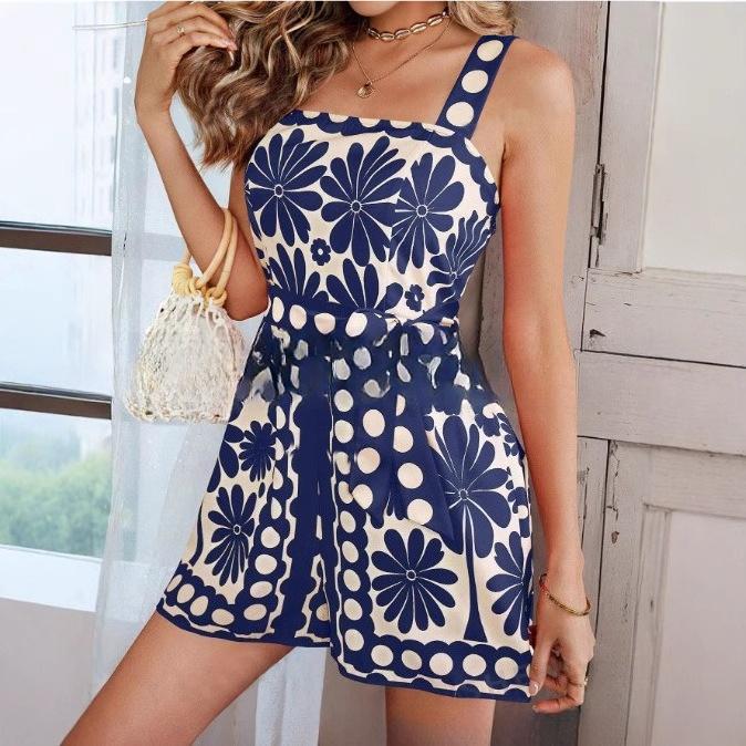 

VEZFAA Women s Fashion Casual Summer Spring Flower Pattern Print Sleeveless High Waist Trousers Jumpsuits & Rompers XXL синій