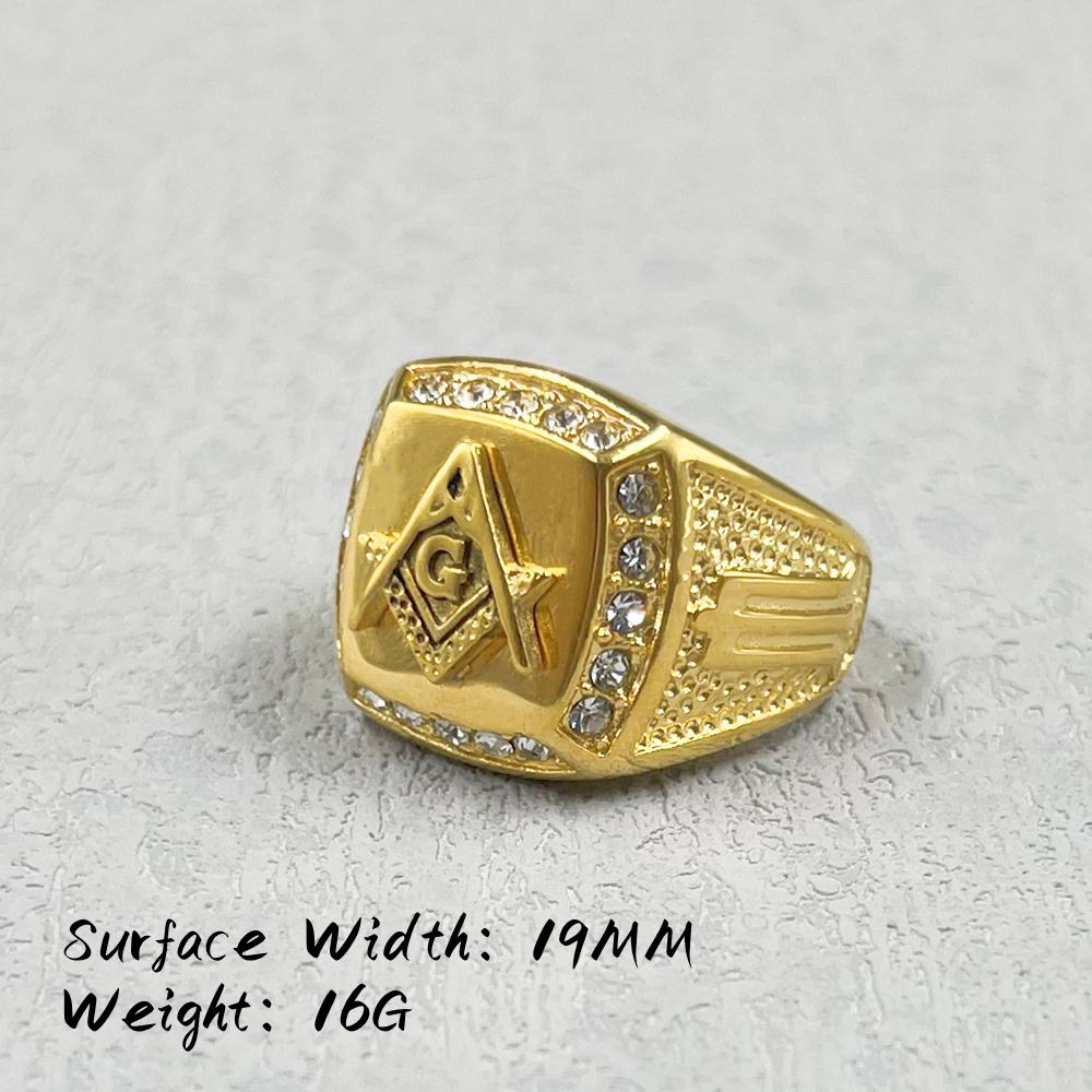 Масонское кольцо Свободный каменщик 316L Нержавеющая сталь с стразами Кольцо масонства Свободный каменщик Золотой цвет Для мужчин AG Панк 8