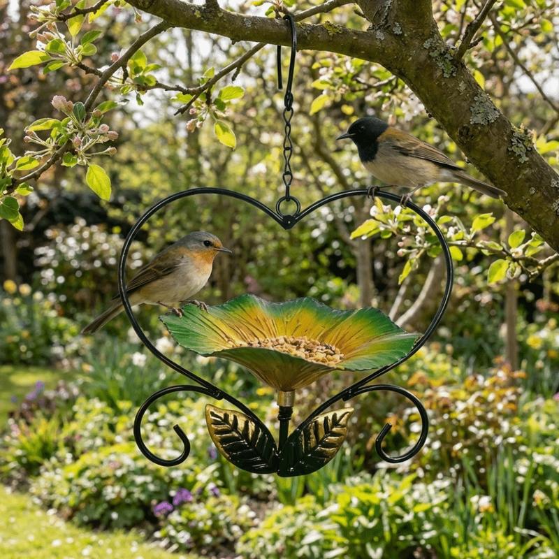 Durable Heart Shape Hanging Bird Feeder Flower Iron Bird Feeding Station Anti-Leakage Large Capacity Bird Food Container Yard