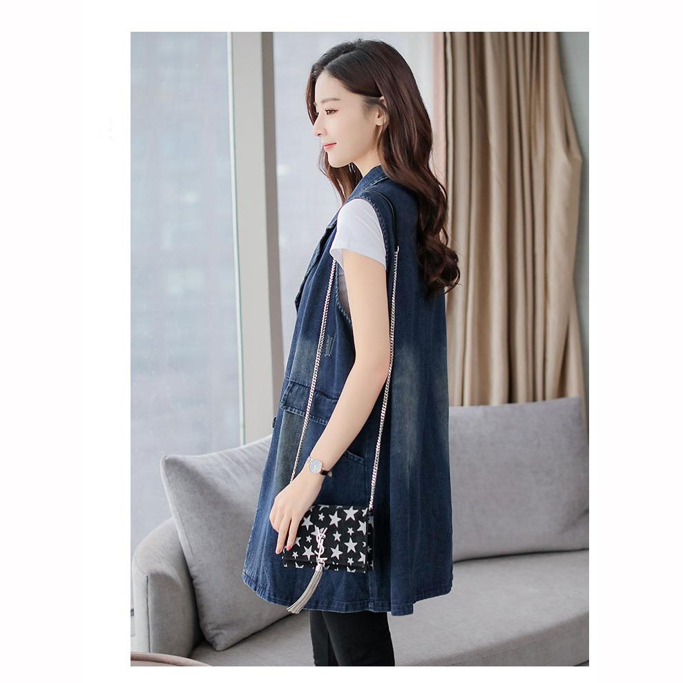 Colete Feminino Primavera Outono Jaqueta Jeans Moda Colete Longo Sem Mangas Sherpa