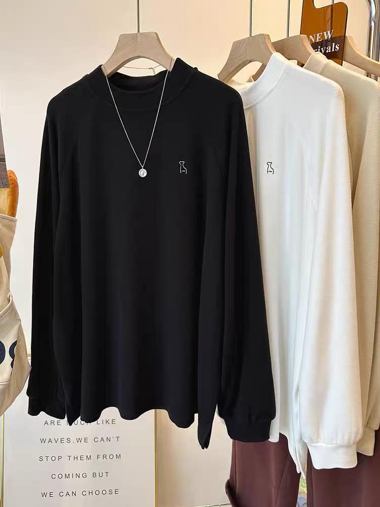 Women's Solid Color Velvet Embroidered Long-Sleeve Half-High Collar Loose T-Shirt.