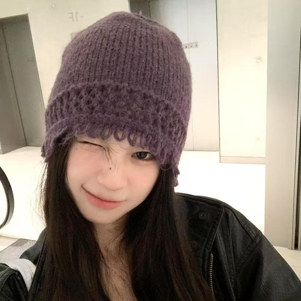 Warm Bag Head Hat Women's Autumn and Winter New Versatile Face Small Pullover Hat Knitted Wool Hollow Cold Hat