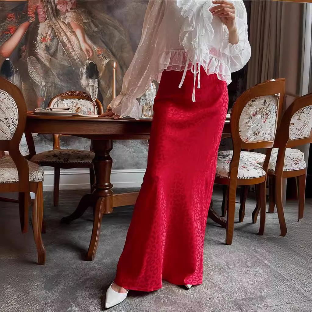 GMXIA Fusta cu jumătate de corp cu imprimeu leopard jacquard New Trend de vară Fusta lungă pe jumătate cu imprimeu leopard, jacquard