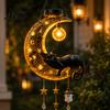 Outdoor Metal Yard Art Decor Solar Halloween Hanging Moon Cat Lamp with Ghost Star Charm, Black On Crescent Waterproof Powered Path Light Wind