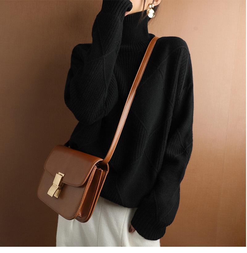 Women's Diamond Pattern High Neck Sweater - Loose Fit, Autumn/Winter Knitwear, Long Sleeve Outerwear, Korean Fashion Style.