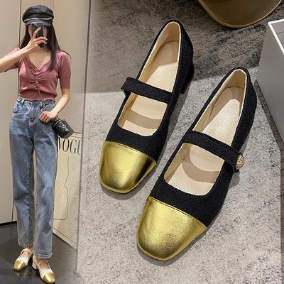 Fashion Spring Summer Autumn Shoes Women Square Gold Color Toe Heels Mary Jane Zapatos Shallow Slip On Dress Shoes