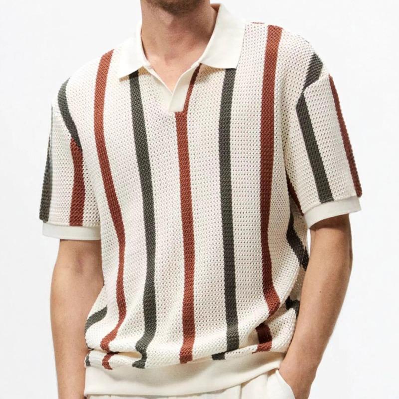 

Men s short-sleeved T-shirt summer simple designer geometric color block striped round neck sweater light mature style top M хаки