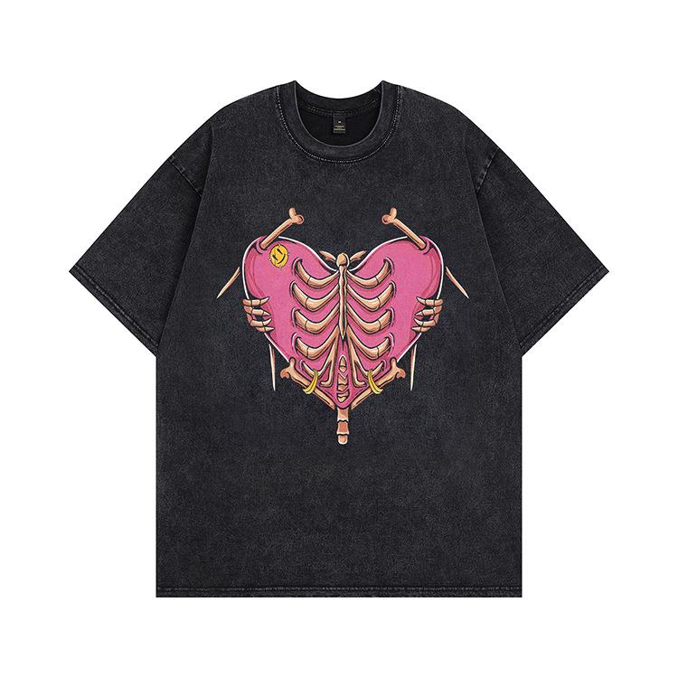 New loose trendy brand American retro high street short-sleeved heavy vintage washed old couple half-sleeved t-shirt