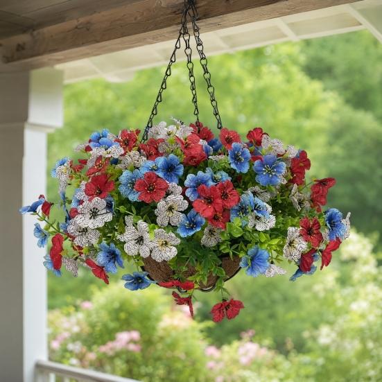 Artificial Hanging Flower with Basket for Outdoors, 4th of July Patriotic Faux Violet Flowers, UV Resistant Fake Plants for Outside Porch, Yard, Patio