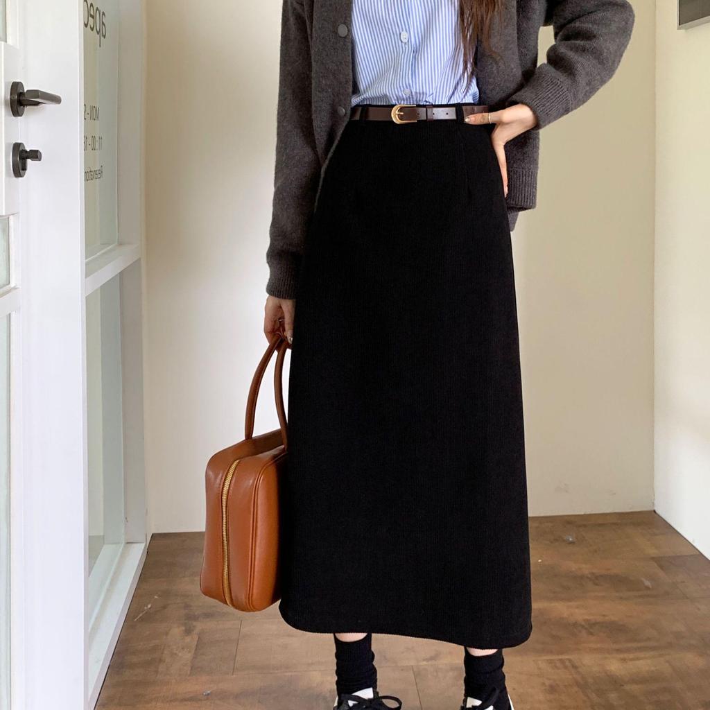 Gonna midi in velluto a coste rétro a vita alta da donna - Vestibilità slim, Design autunno/inverno, Linea ad A dritta che copre i fianchi