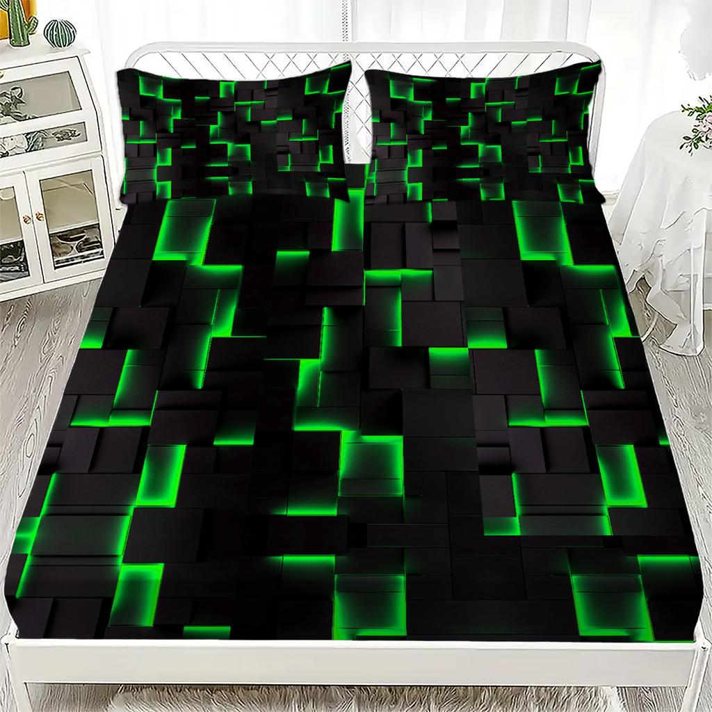 Neon Red Fitted Sheet 1pc Geometric Cube Plaid 3D Printed 100% Polyester Energy Checkered Flat Sheet Set Gifts For Teen Adult