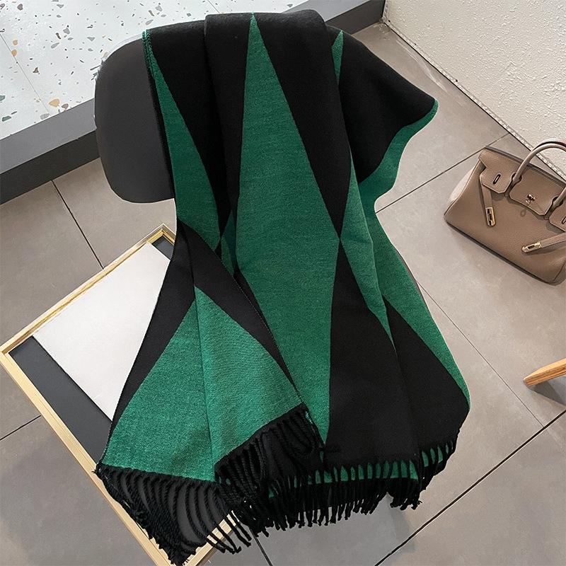 Autumn and Winter New Korean Style Versatile Geometric Rhombus Imitation Cashmere Jacquard Scarf for Women Thickened Tassel Shawl Scarf