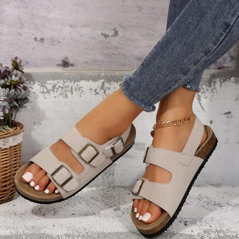 Fashion 2024 New High Quality Women's Sandals Open Toe Beach Outer Wear Buckle Decorated Solid Color Flat Shoes for Women Zapatos Mujer