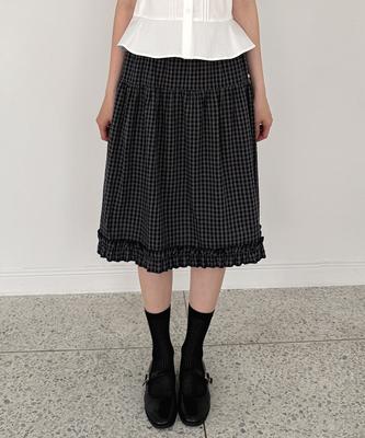 Moyora Frill Check Elastic Waist Midi Skirt [Navy]