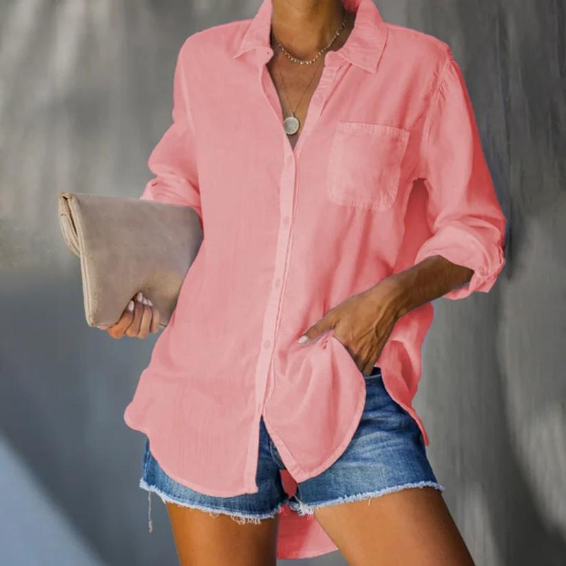 Women's Shirt Solid Colour Large Size Casual Loose Button Down Shirt
