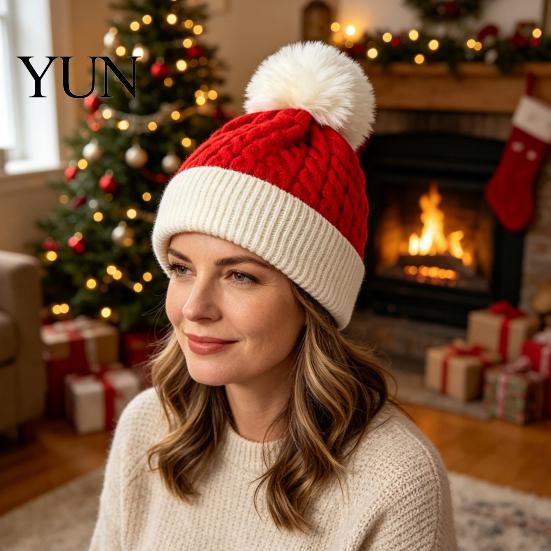 Stylish Pom Hat for Girls Women Christmas Elf Hat, Cozy Winter Knit with Comfortable Daily Pom, Stretchy Warm Skull Cap Outdoor Cold Weather Knitted
