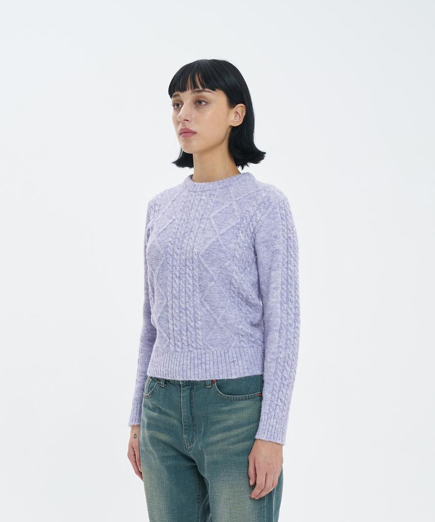 BLOND9 Fisherman Cable Wool Knit Sweater_Purple