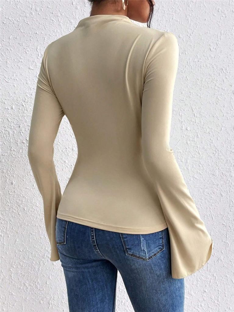 Herbst Winter Neuestes Vielseitiges Rüschenärmel Rundhals Slim Fit Damen T-Shirt