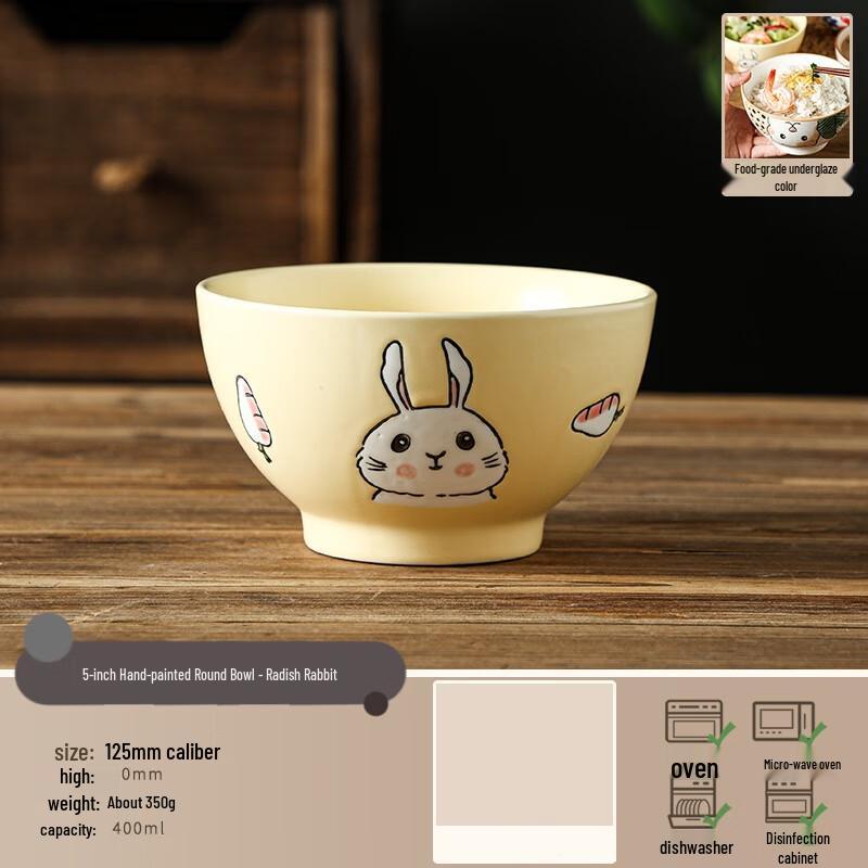 

Ru Han Hand-painted Radish Rabbit Ceramic Rice Bowl