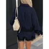 Women Lace Splicing Striped Long Sleeve Shirt And Drawstring Shorts Two Piece Set