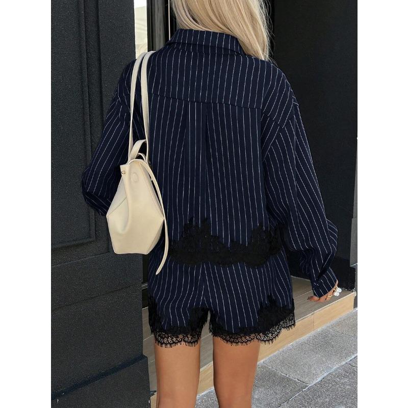 Women Lace Splicing Striped Long Sleeve Shirt And Drawstring Shorts Two Piece Set