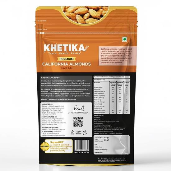 Khetika Premium California Almonds 500g | Almonds, Badam, Badam Giri, Rich in Fiber, Boost Immunity, Healthy Nutritious Snacks, Whole Crunchy
